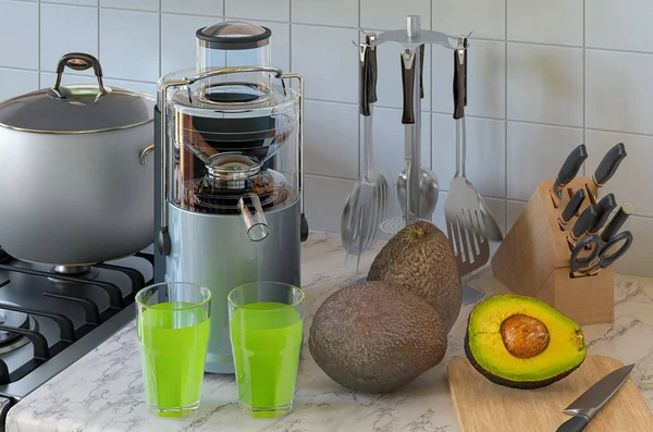 Avocado juice and electric juicer on kitchen table. 3D rendering — Stock Photo, Image