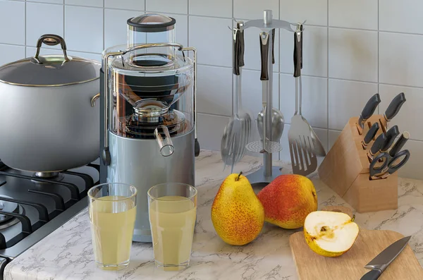 Грушевый сок и электрическая соковыжималка на кухонном столе. 3D рендеринг — стоковое фото