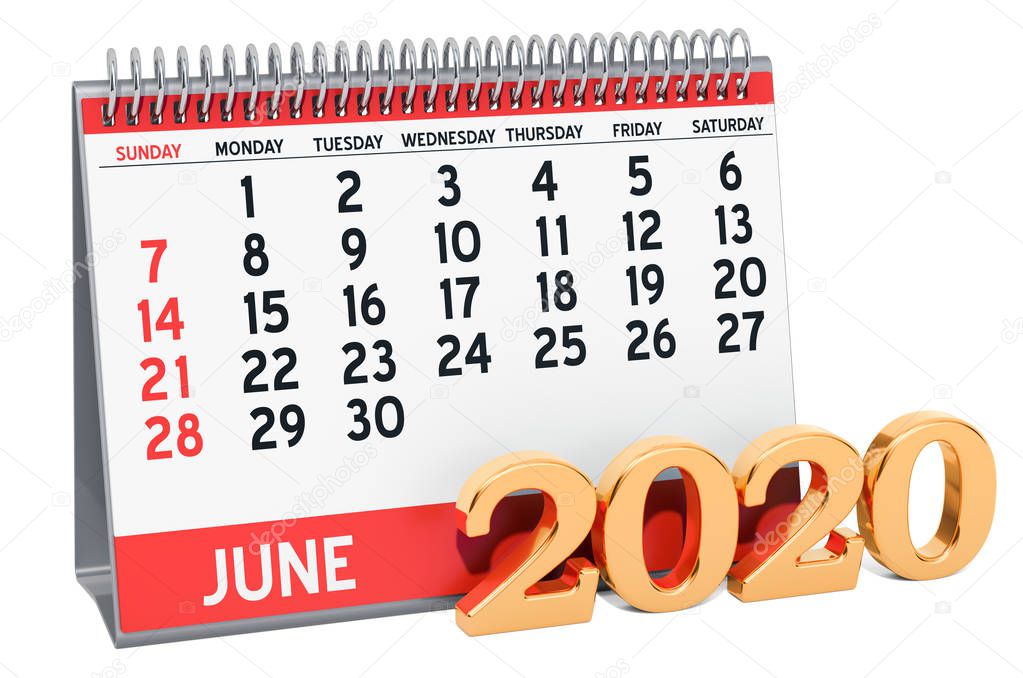June 2020 Desk Calendar, 3D rendering