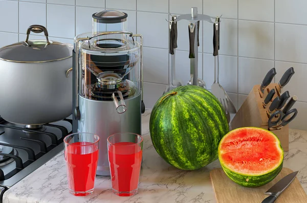 Watermelon juice and electric juicer on kitchen table — Stock Photo, Image