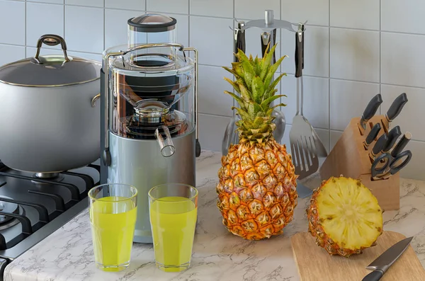 Pineapple juice and electric juicer on kitchen table — Stock Photo, Image