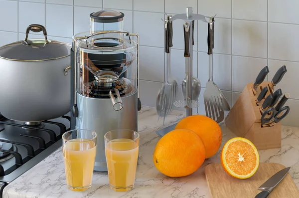 Narancslé és elektromos gyümölcsfacsaró a konyhaasztalon. 3D-s renderelés — Stock Fotó