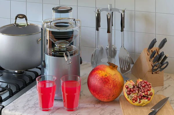 Pomegranate juice and electric juicer on kitchen table — Stock Photo, Image