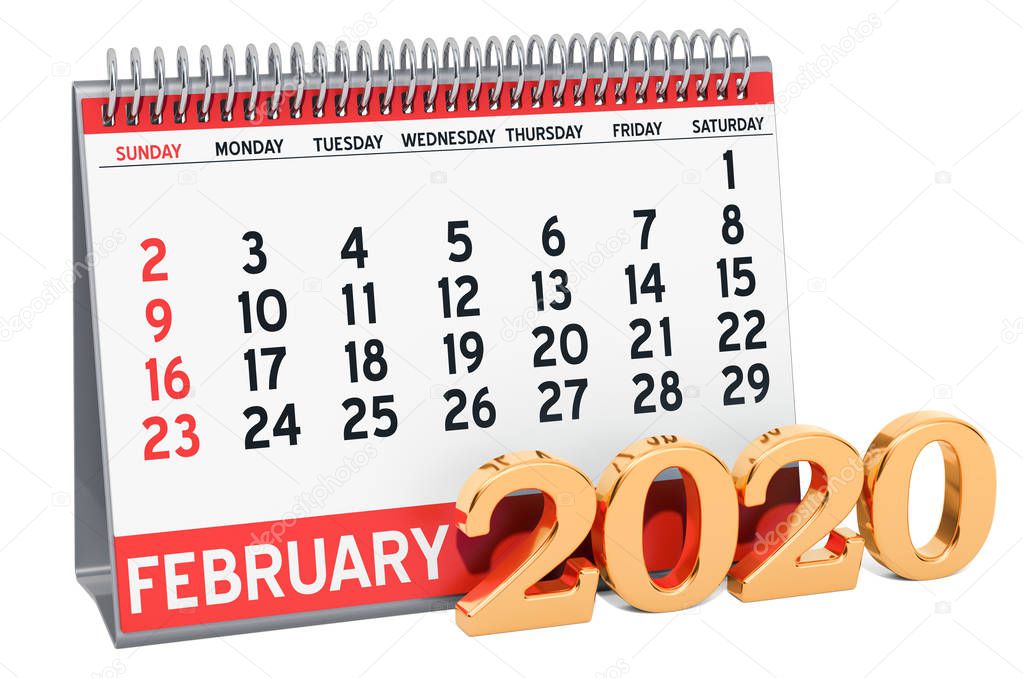 February 2020 Desk Calendar, 3D rendering