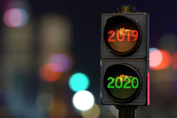 Semáforo con luz verde 2020 en la ciudad nocturna, renderizado 3D —  Fotos de Stock