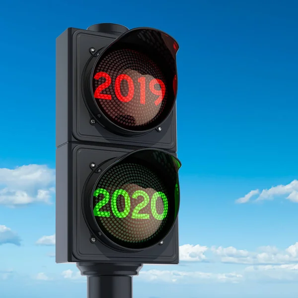 Semáforo com luz verde 2020 no fundo do céu. Renderização 3D — Fotografia de Stock