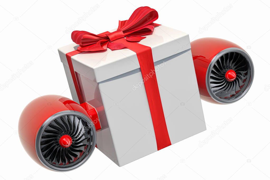 Gift box with jet engines. Gift fast delivery concept, 3D render