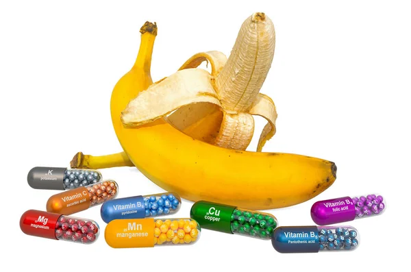 Vitamine e minerali di banana, rendering 3D — Foto Stock