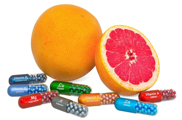 Vitamine und Mineralstoffe der Grapefruit, 3D-Rendering — Stockfoto
