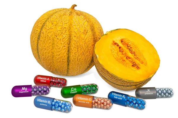 Dinnye vitaminok és ásványi anyagok, 3D-s kiolvasztás — Stock Fotó
