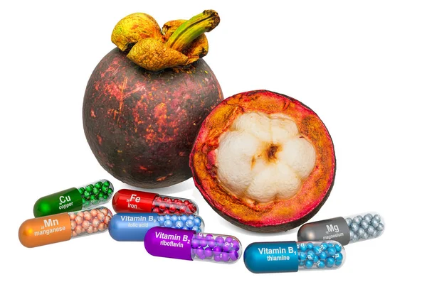 Mangosztán vitaminok és ásványi anyagok, 3D-s kiolvasztás — Stock Fotó
