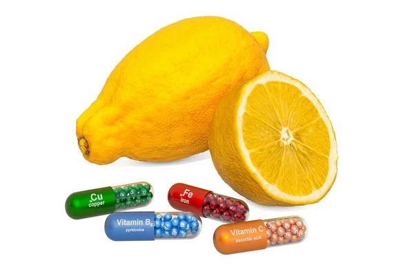 Vitaminas e minerais de limão, renderização 3D — Fotografia de Stock