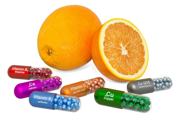 Narancssárga vitaminok és ásványi anyagok, 3D-s kiolvasztás — Stock Fotó