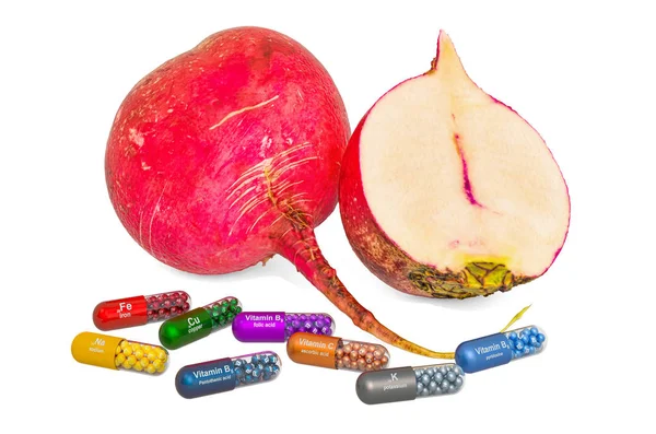Nagy vörös retek vitaminok és ásványi anyagok, 3D-s kiolvasztás — Stock Fotó