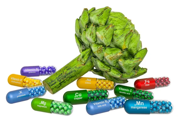 Vitaminok és ásványi anyagok articsókából, 3D-s kiolvasztás — Stock Fotó