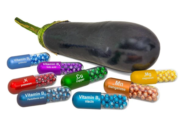 Vitaminas e minerais de berinjela, renderização 3D — Fotografia de Stock