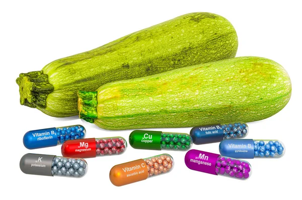 Vitaminok és ásványi anyagok cukkini vagy cukkini készítéséhez, 3D-s renderelés — Stock Fotó