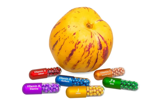 Vitaminok és ásványi anyagok pepino dinnye, 3d kiolvasztás — Stock Fotó