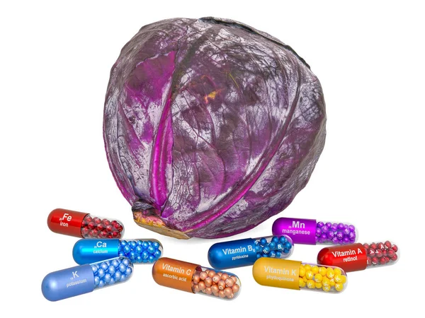 Vitamins and minerals of purple cabbage, 3D rendering — Stock Photo, Image