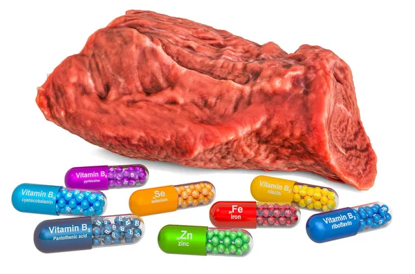 Vitamine e minerali di carne di manzo, rendering 3D — Foto Stock
