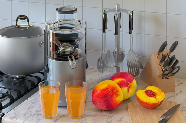 Peach or nectarine juice and electric juicer on kitchen table — Stock Photo, Image