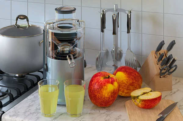 Яблочный сок и электрическая соковыжималка на кухонном столе. 3D рендеринг — стоковое фото