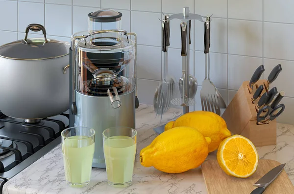 Citromlé és elektromos gyümölcsfacsaró a konyhaasztalon. 3D-s renderelés — Stock Fotó