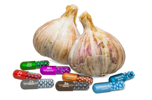 Vitamins and minerals of garlic, 3D rendering — Stock Photo, Image