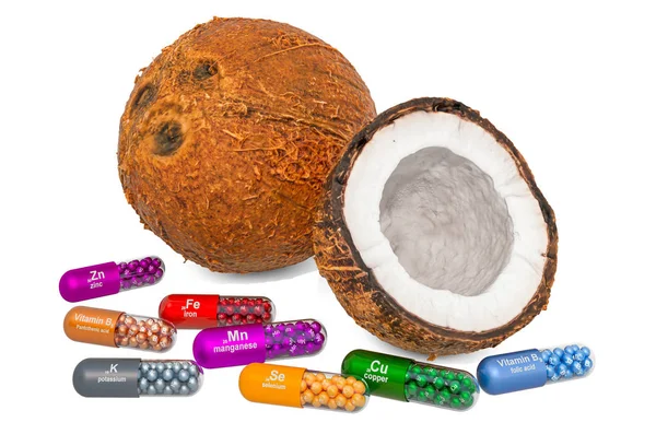 Vitaminok és ásványi anyagok kókuszdióból, 3D-s kiolvasztás — Stock Fotó