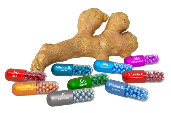 Vitaminok és ásványi anyagok gyömbérgyökér, 3D-s kiolvasztás — Stock Fotó