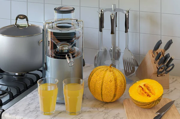 Dinnye lé és elektromos gyümölcsfacsaró a konyhaasztalon. 3D-s renderelés — Stock Fotó