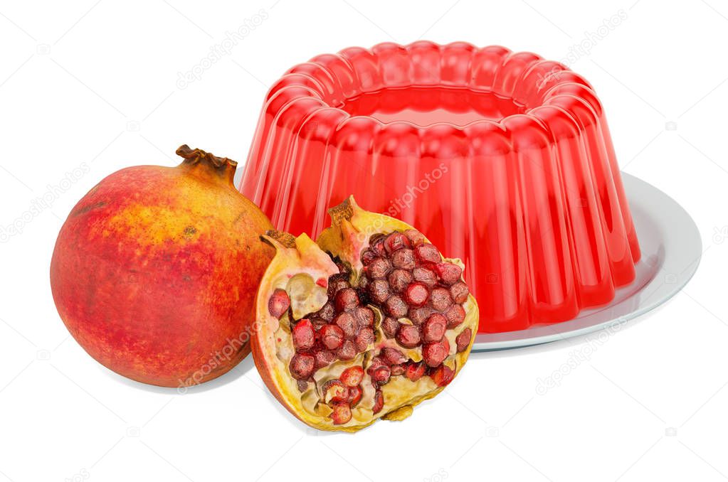 Pomegranate Jelly on a plate with pomegranates, 3D rendering