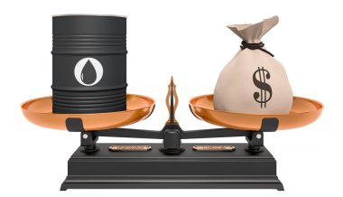Petrol parası. Yağ fıçısı ve dolar torbası. 3d oluşturma