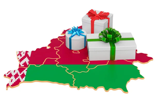 Gift boxes on the Belorussian map — Stock Photo, Image