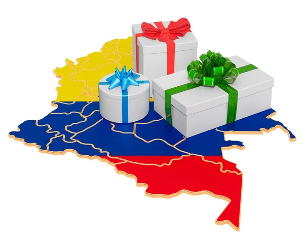 Pudełka z prezentami na mapie Kolumbii — Zdjęcie stockowe