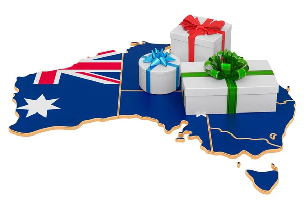 Geschenkboxen auf der australischen Landkarte — Stockfoto