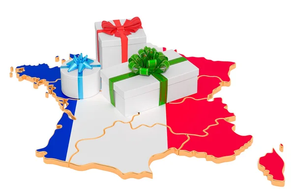 Cajas de regalo en el mapa francés — Foto de Stock