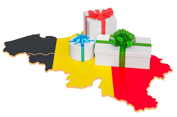 Pudełka z prezentami na belgijskiej mapie. Święta Bożego Narodzenia i Nowy Rok — Zdjęcie stockowe