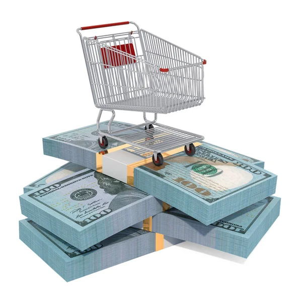 Carrito de compras en los paquetes de dólares, renderizado 3D — Foto de Stock
