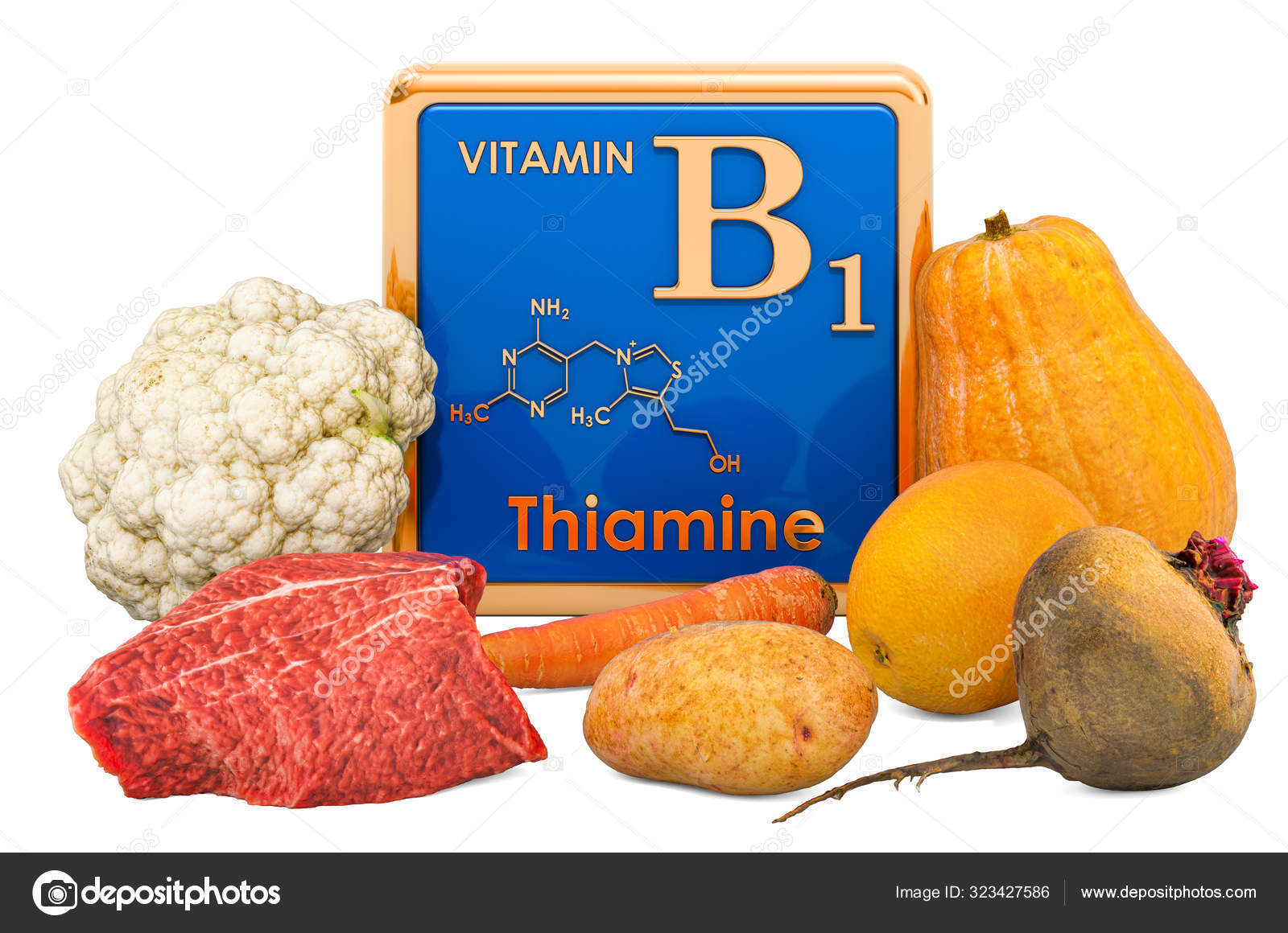Foods Highest in Vitamin B1, Thiamin. 3D rendering Stock Photo by