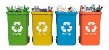 Cam, kağıt, metal ve plastikten oluşan çöp kutuları.