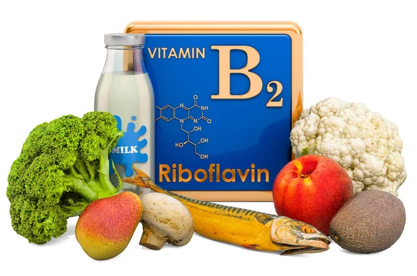 Alimenti Altissimo contenuto di Vitamina B2, Riboflavina. Rendering 3D — Foto Stock