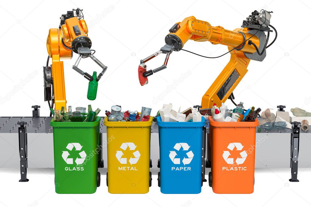 Robotic arms sorting garbage, automatic sorting of trash