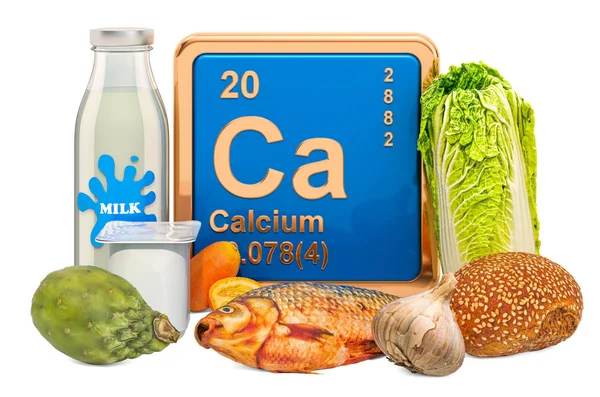 Lebensmittel mit dem höchsten Gehalt an Kalzium, 3D-Darstellung — Stockfoto