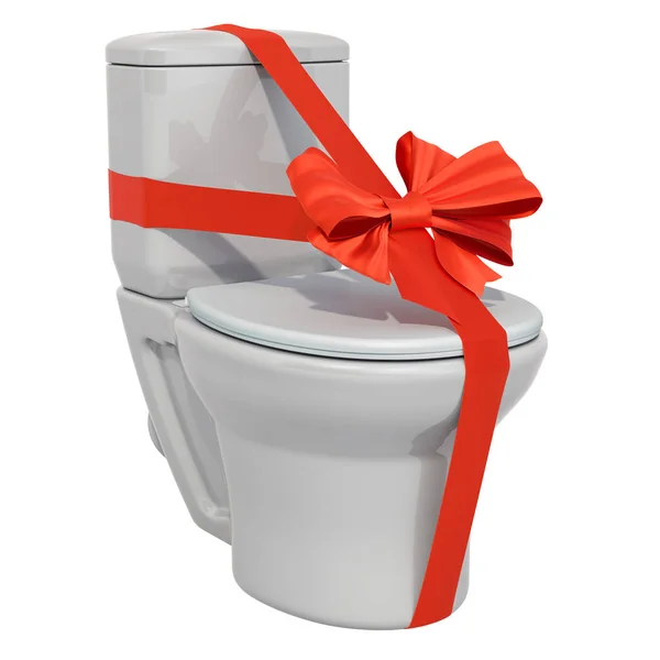 Konsep hadiah, mangkuk toilet dengan pita merah dan busur. Perender 3D — Stok Foto