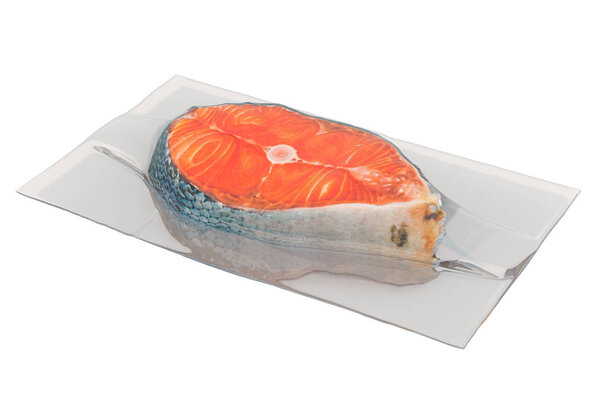 Raw salmon steak in vacuum packing, 3D rendering