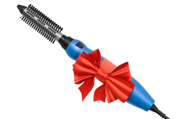 Föhn Hot Air Brush met rood lint en strik. 3d destructie — Stockfoto