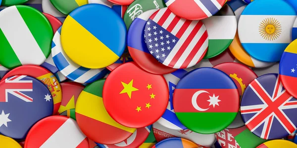 Heap de crachás com bandeiras mundiais, renderização 3D — Fotografia de Stock