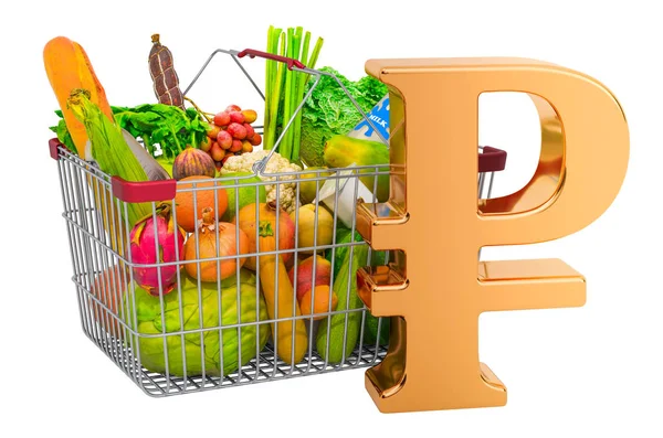 Nákupní košík plný potravinářských výrobků se symbolem rublu — Stock fotografie