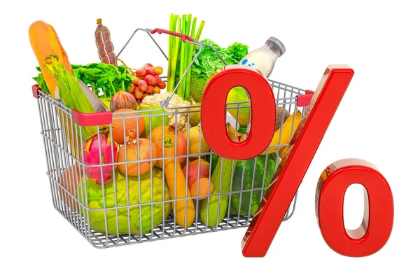 Shopping basket with products and red percent symbol — Stock Photo, Image